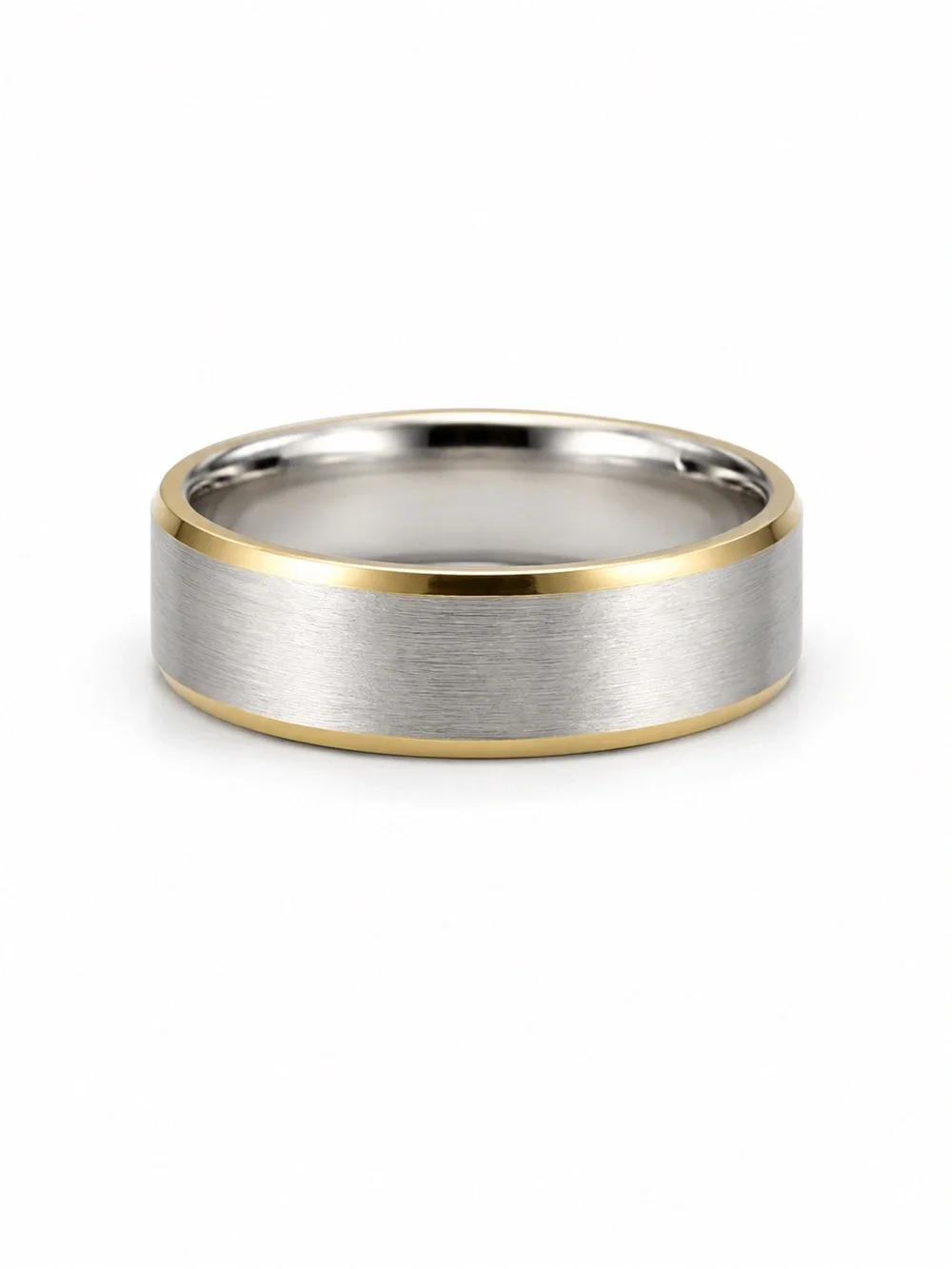 Two-Tone Brushed Stainless Steel Ring with Gold Tone Edges